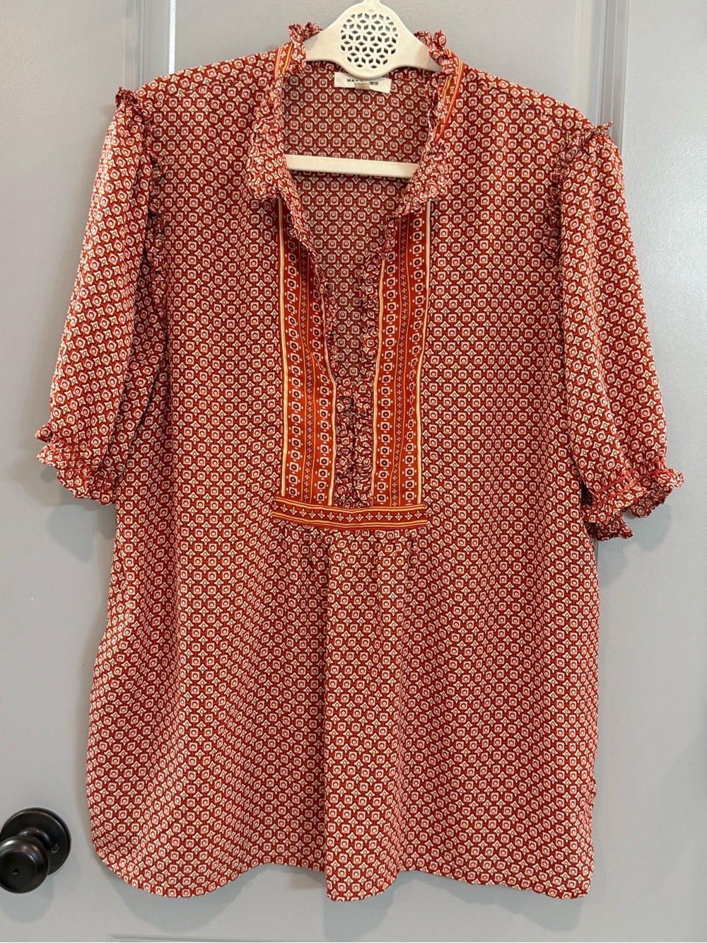 Max Studio Rust and Cream Printed Peasant Blouse